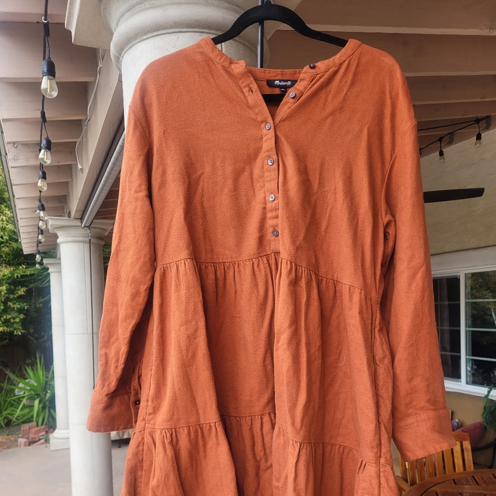 MADEWELL Flannel Button-Placket Tiered Mini Dress | Burnt Orange | L/G